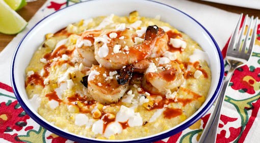 Elotes Grits with Chili Lime Shrimp